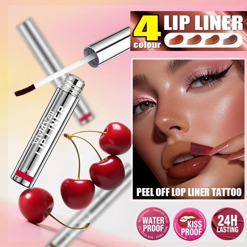 4-Color Lip Gloss - Easy-To-Peel Lip Liner, Comes with a Lip Brush, Long-Lasting and Waterproof, Glossy and Full, Highly Pigment