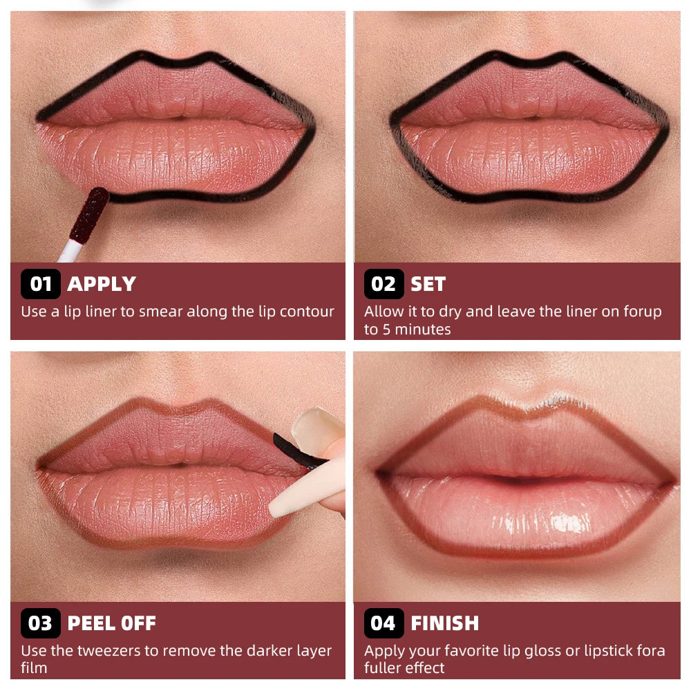 4-Color Lip Gloss - Easy-To-Peel Lip Liner, Comes with a Lip Brush, Long-Lasting and Waterproof, Glossy and Full, Highly Pigment