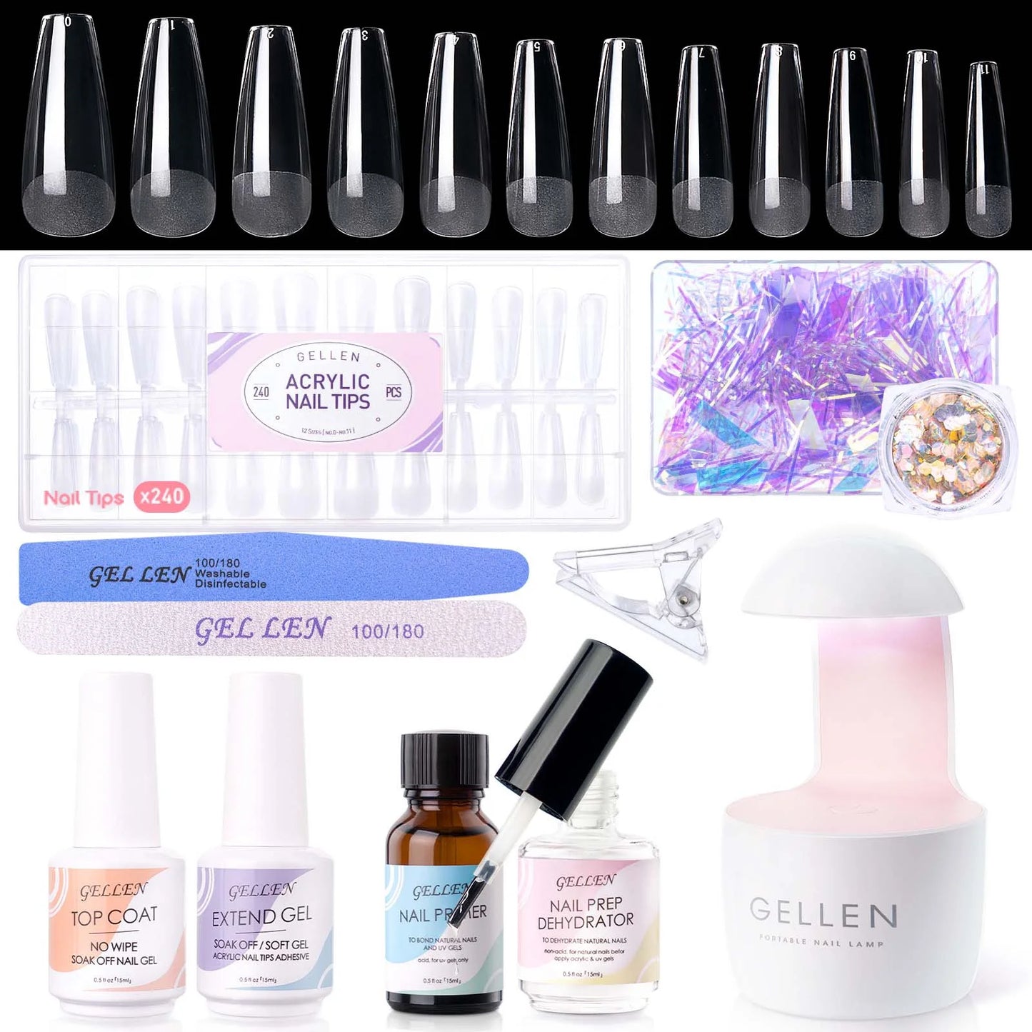 Gel Nail Kit, Nail Tips and Glue Gel Kit with Base & Top Coat & 5 in 1 Nail Glue Gel, 240Pcs Clear Coffin Fake Nails Tips and UV Nail Lamp, Fast False Nails Extension Manicure Set